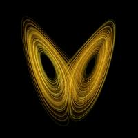 A plot of the trajectory Lorenz system for values r=28, σ = 10, b = 8/3