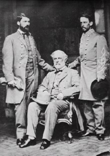 Lee with son Custis (left) and Walter H. Taylor (right).