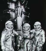 John Glenn, Virgil Grissom, and Alan Shepard in front of the Redstone rocket